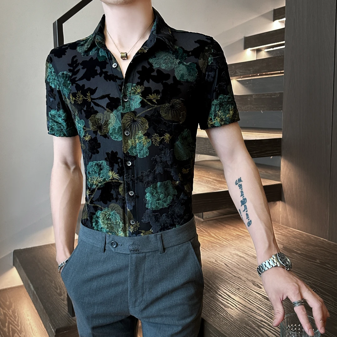 夏季2025新款潮牌蕾丝花衬衫男士短袖高级感休闲痞帅网红印花衬衣