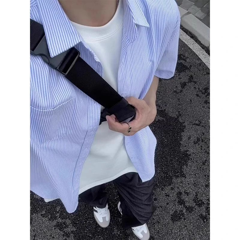 日系蓝色条纹衬衫男短袖夏季少年感大学生穿搭宽松五分袖衬衣外套
