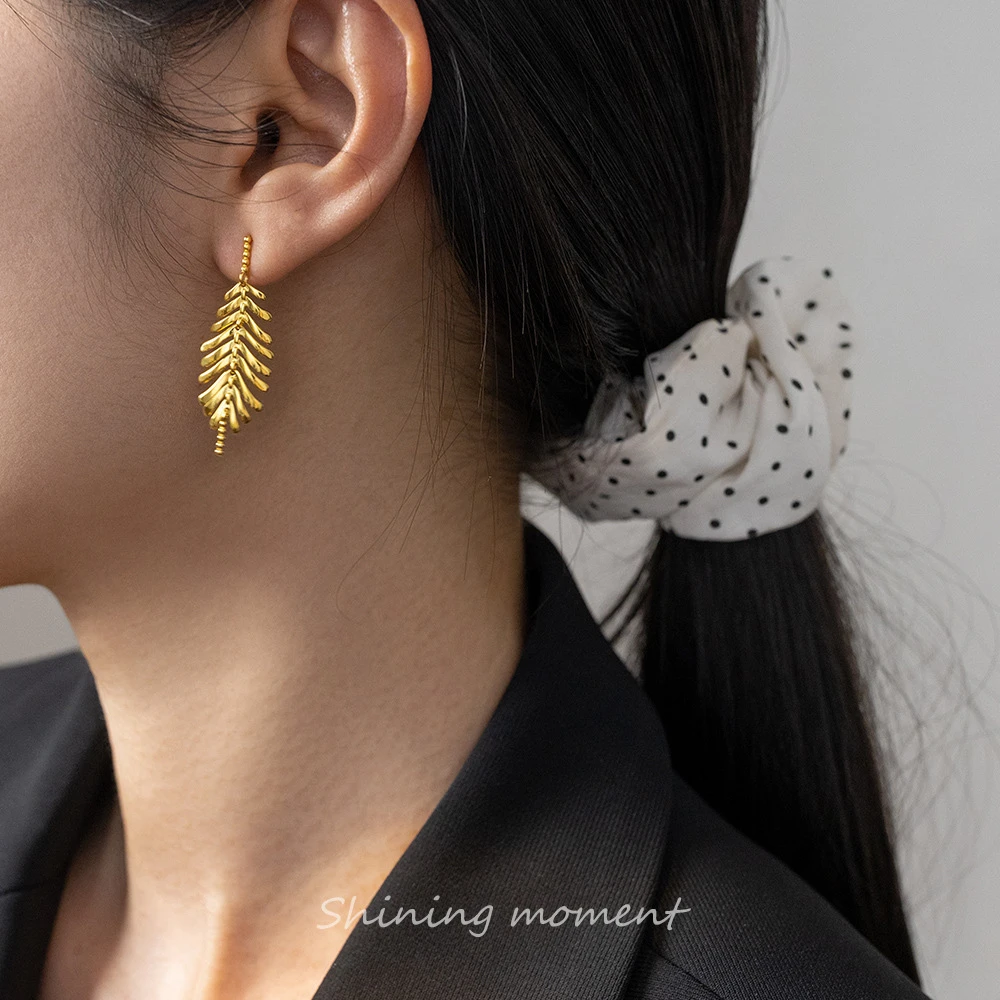 925银耳饰 S925纯银光面流苏叶子耳环