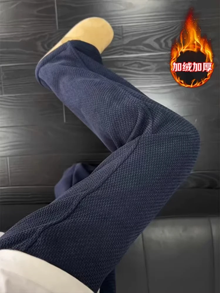 美式蓝灰色加绒卫裤男款秋冬加厚重磅裤子慵懒风垂感直筒休闲长裤