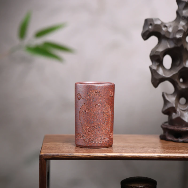 手工杯 | 宜兴紫砂 着色款《财s》直筒柴烧 手工主人杯