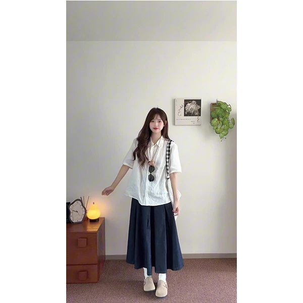 日系半身裙女春夏学生工装中长款森系a字裙衬衫上衣套装