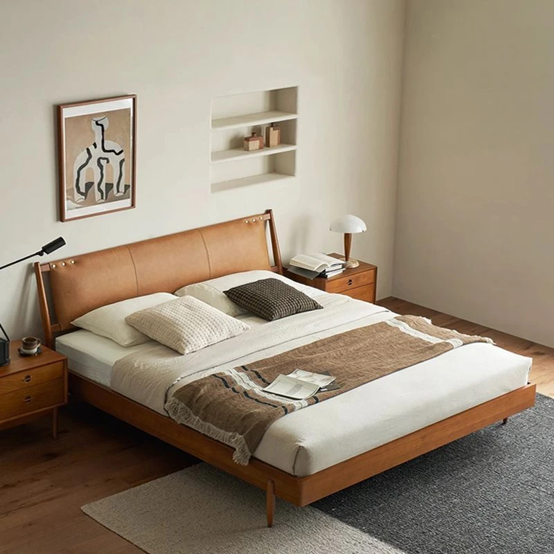 北欧复古实木头层牛皮床主卧带软包双人床床现代简约设计师真皮床