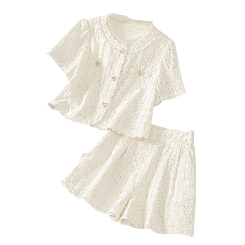 她池2025夏季新款女装上衣搭短款休闲裤两件套时尚套装T52B1800NA