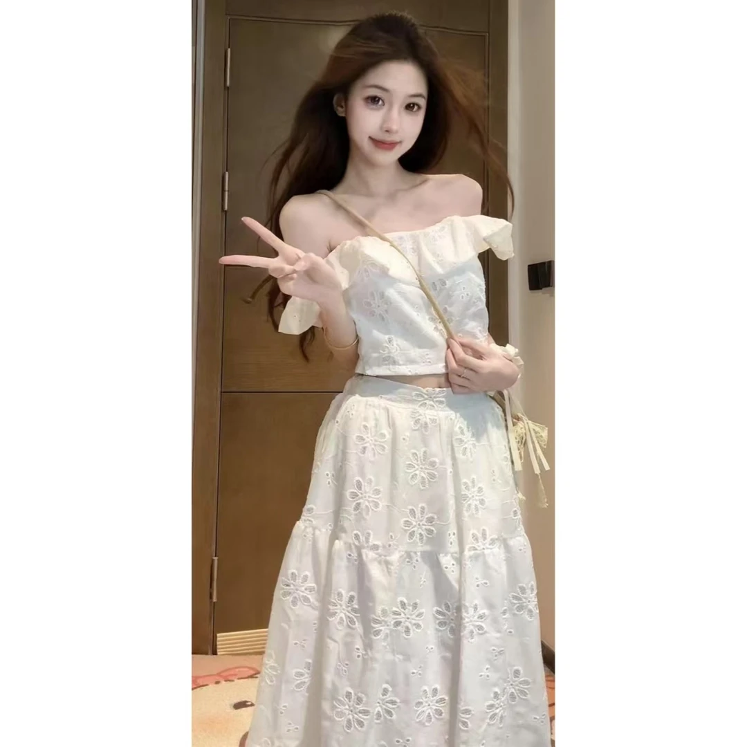 【XIAOBAWANG】法式高级感套装裙女镂空钩花设计高腰半身裙两件套W