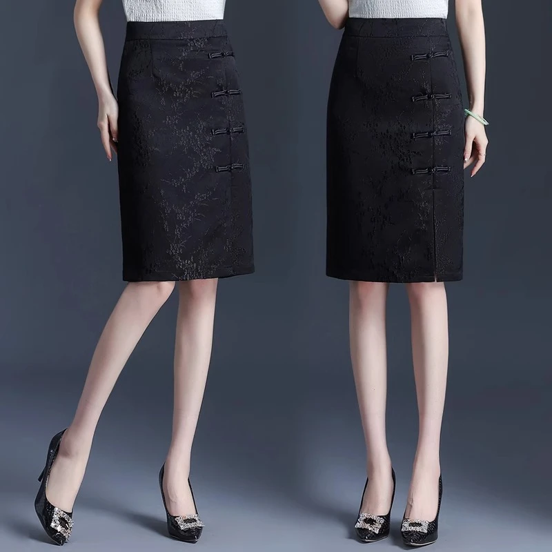 纯色中裙提花包臀裙新中式半身裙夏季裙子黑色短裙大码气质流苏款