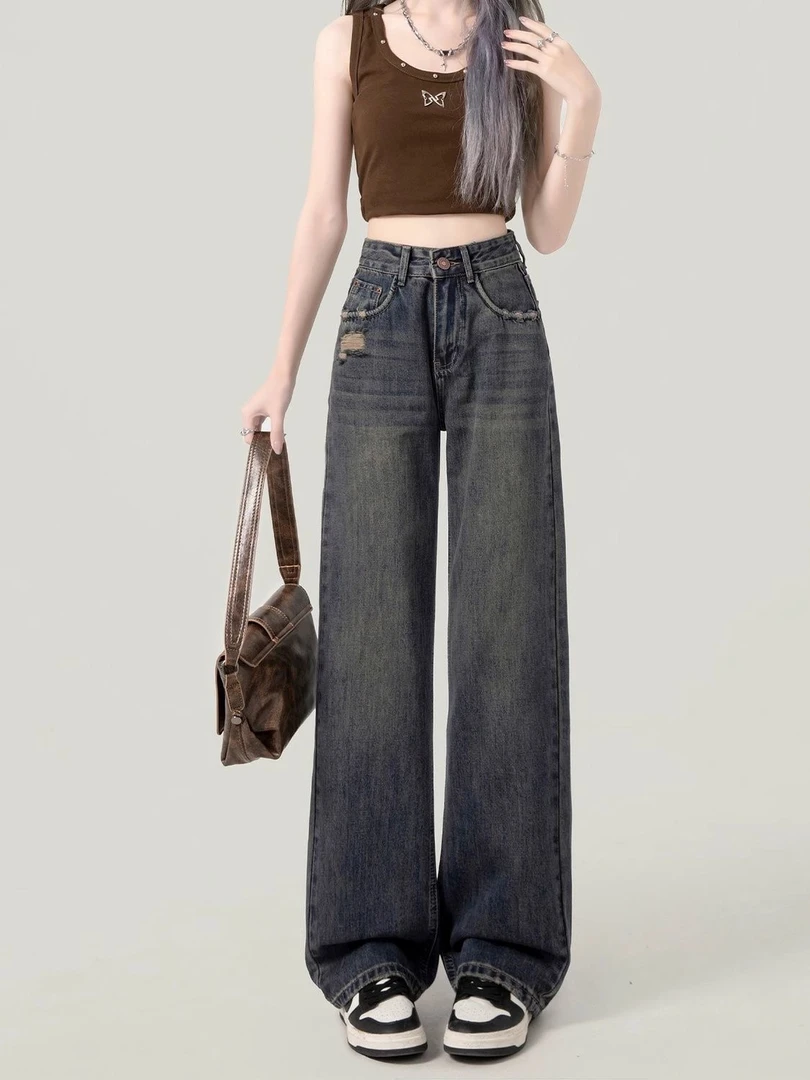 复古直筒阔腿牛仔裤女2026年新款高腰宽松显瘦垂感拖地长裤