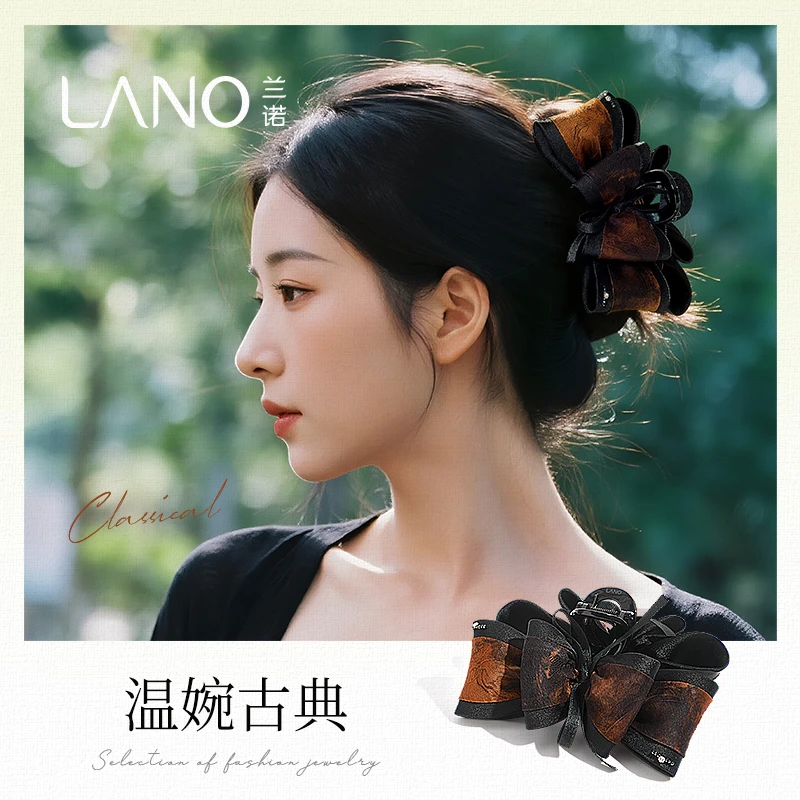 兰诺【焦糖枫羽】褶皱蝴蝶结发夹气质秋日氛围感后脑勺抓夹