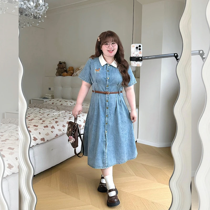 辣条大码女装超显瘦撞色翻领气质收腰胖mm显瘦牛仔衬衫牛仔裙