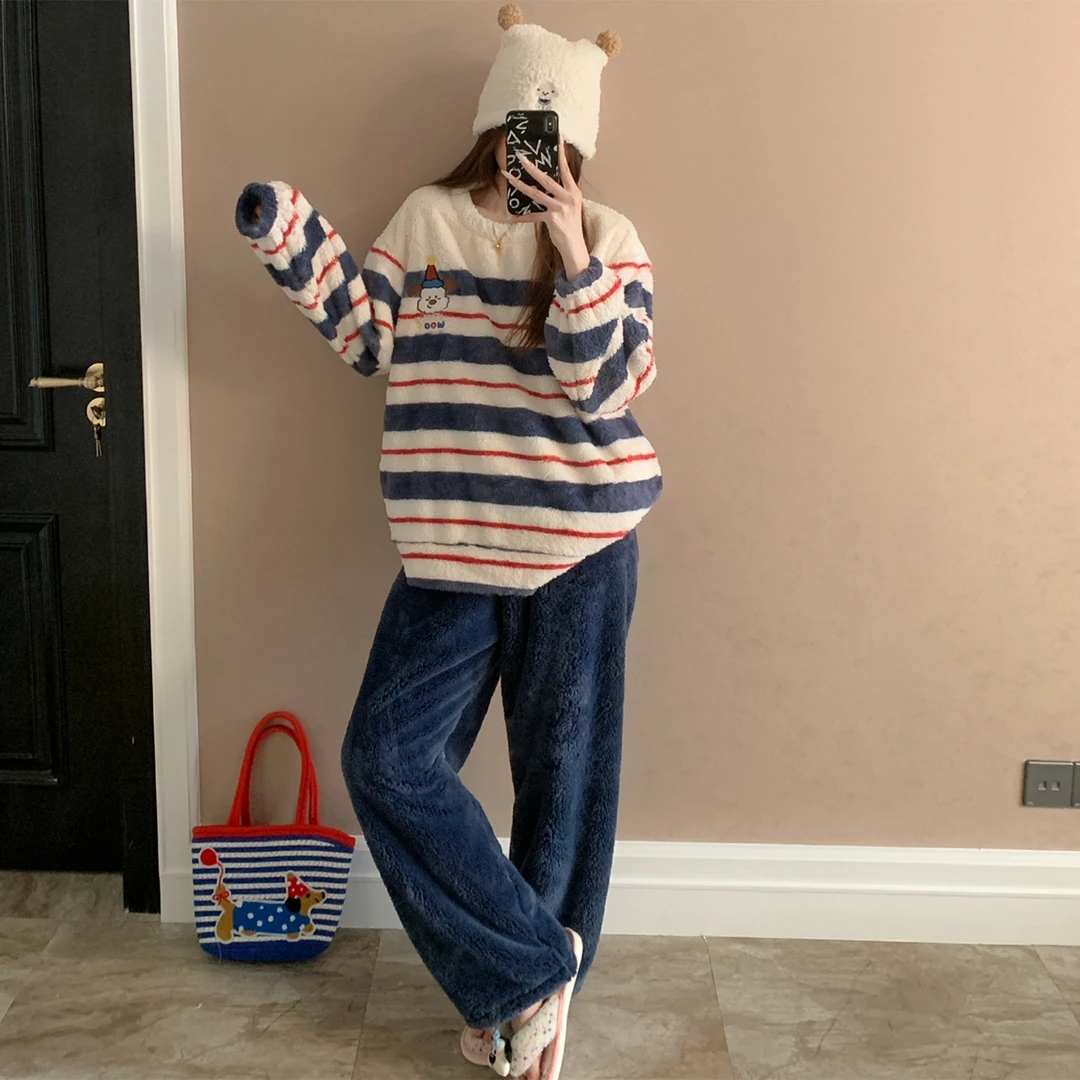 韩系风睡衣女冬季新款加绒加厚珊瑚绒可爱条纹小熊保暖家居服套装