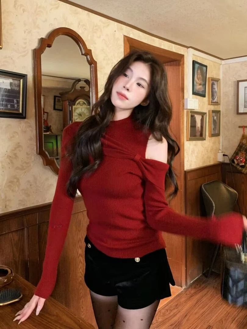 半高领红色针织长袖打底衫女秋冬内搭独特漂亮巨好看绝美露肩上衣