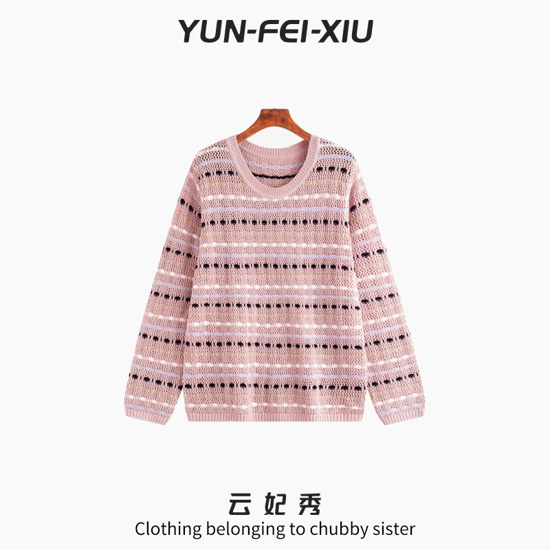 云妃秀大码女装针织衫圆领镂空条纹时尚宽松显瘦胖妹妹秋季23552