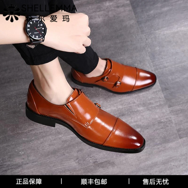 希尔爱玛男鞋黄色孟克鞋酒红色套装西装婚鞋蓝色搭扣鞋子男款休闲