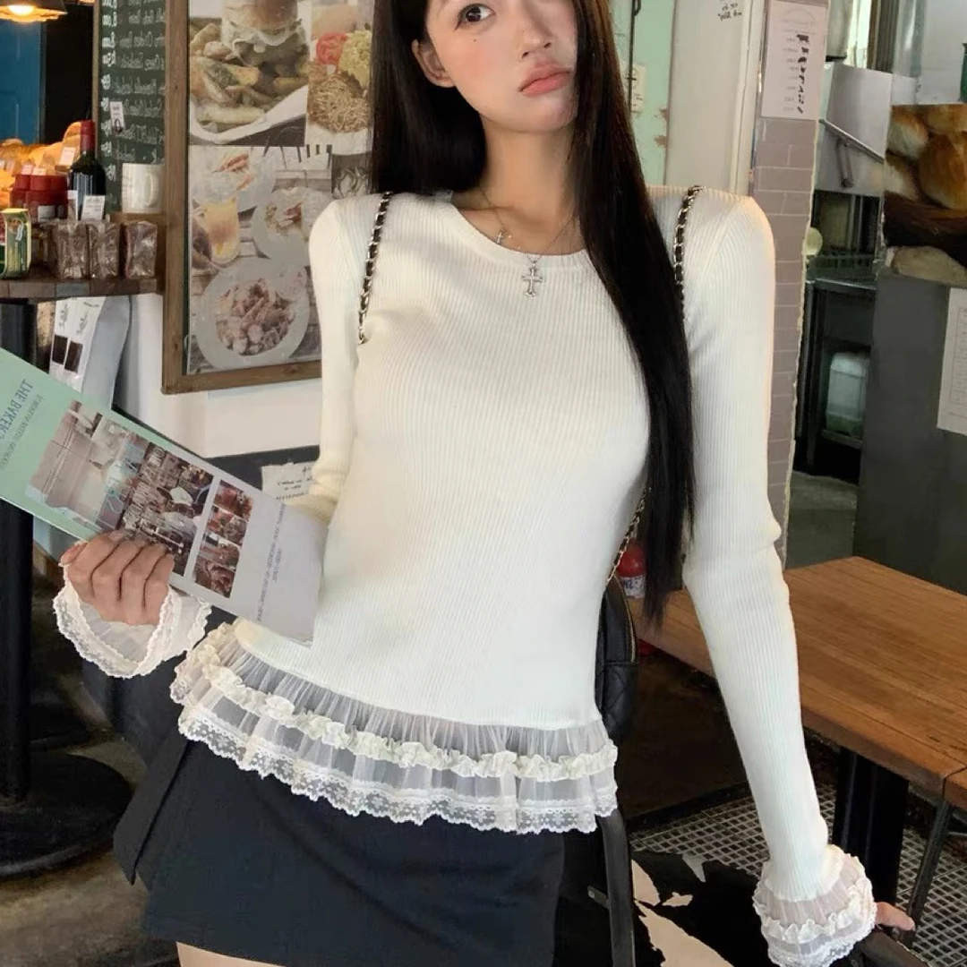 白色蕾丝花边长袖内搭打底衫女早秋季修身t恤设计感拼接下摆上衣