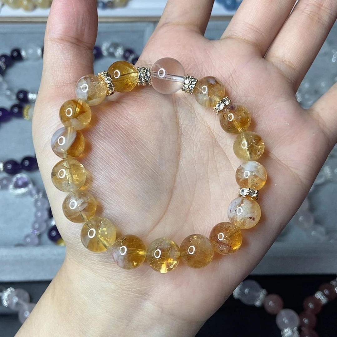 水晶手链合金黄塔奶白晶