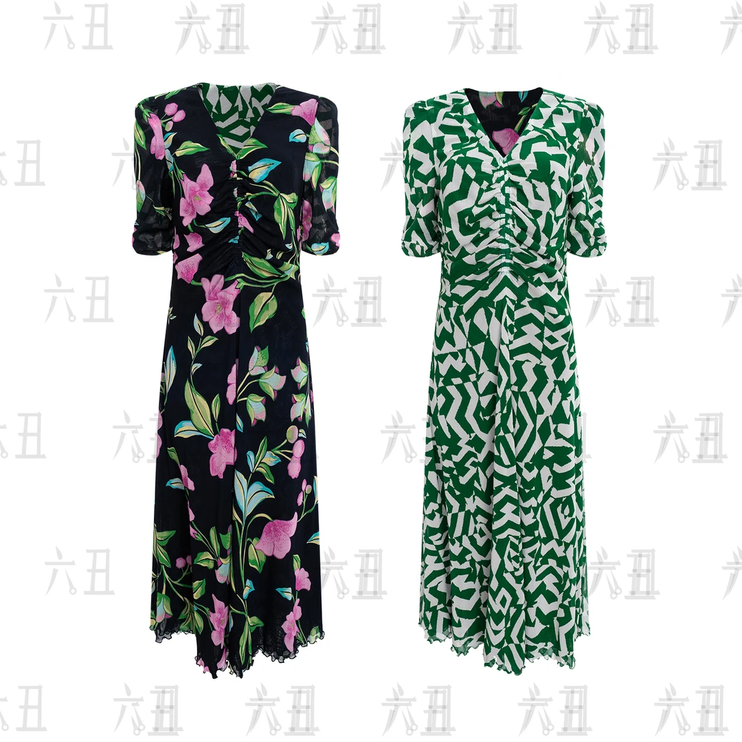 【六丑】新款时尚气质优雅收腰显瘦双面印花连衣裙505LYQ0857