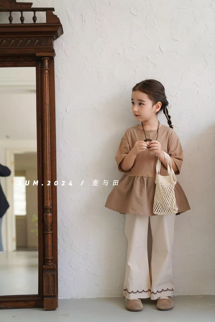 (麦与田)TX-3801 浅绿色 儿童中性夏季刺绣短袖韩版ol短袖T恤宽松