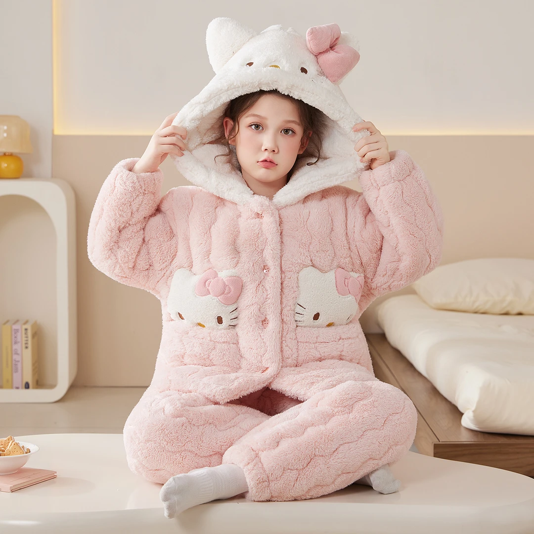 珊瑚绒儿童睡衣女冬季保暖加厚甜美可爱连帽长袖可外穿家居服套装