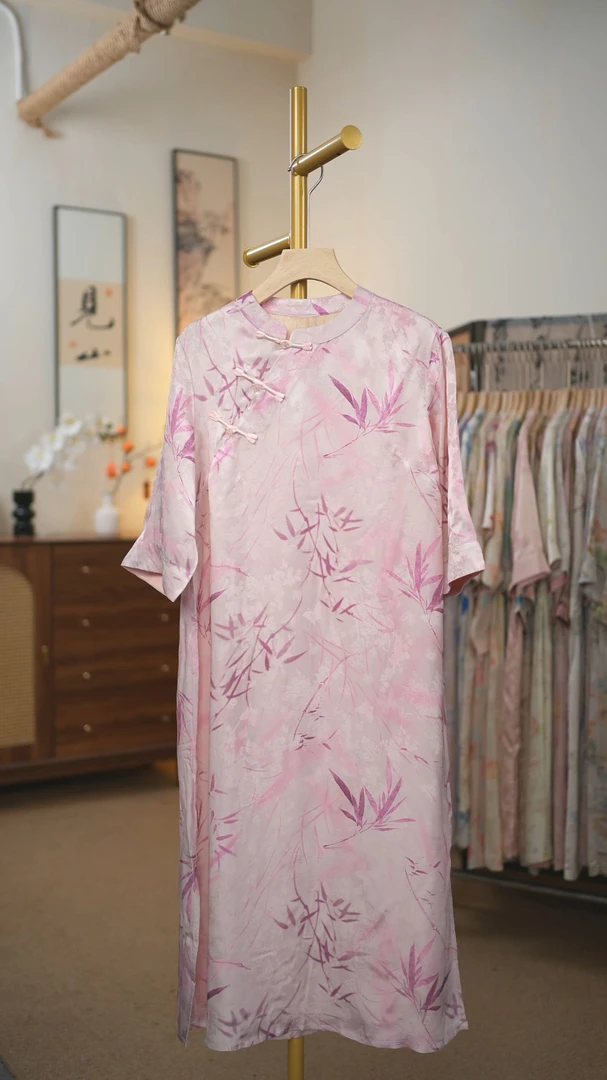 [紫竹]新中式国风连衣裙刻花螺孔斜襟 123