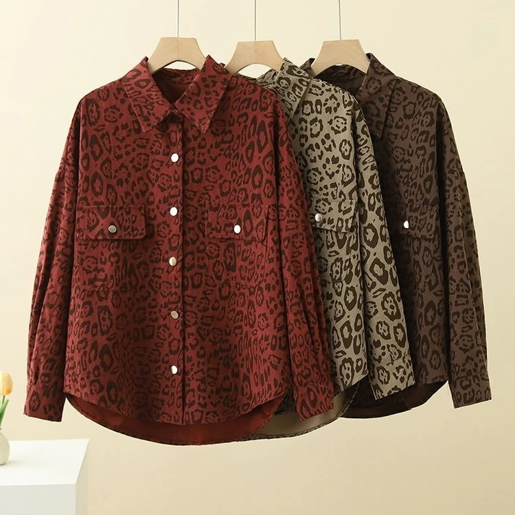 2025春季新款大码女士豹纹衬衫外套百搭显瘦宽松上衣时尚妈妈装