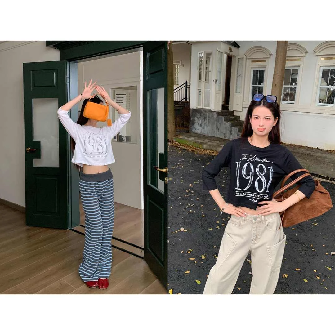 橘子树在哪儿韩系印花正肩t恤女秋季辣妹风显瘦百搭短款中袖上衣