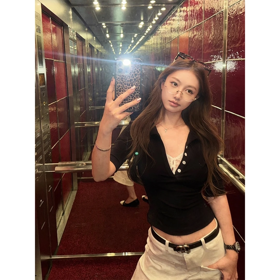 纯欲加持'海妖风蕾丝假两件掐腰polo领韩系小众显瘦百搭中袖女