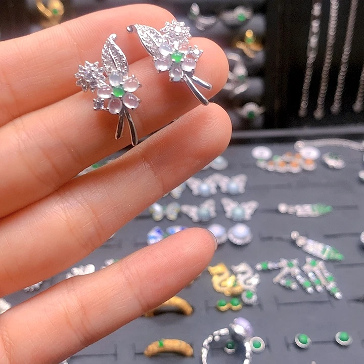 翡翠戒指银S925镶嵌耳钉