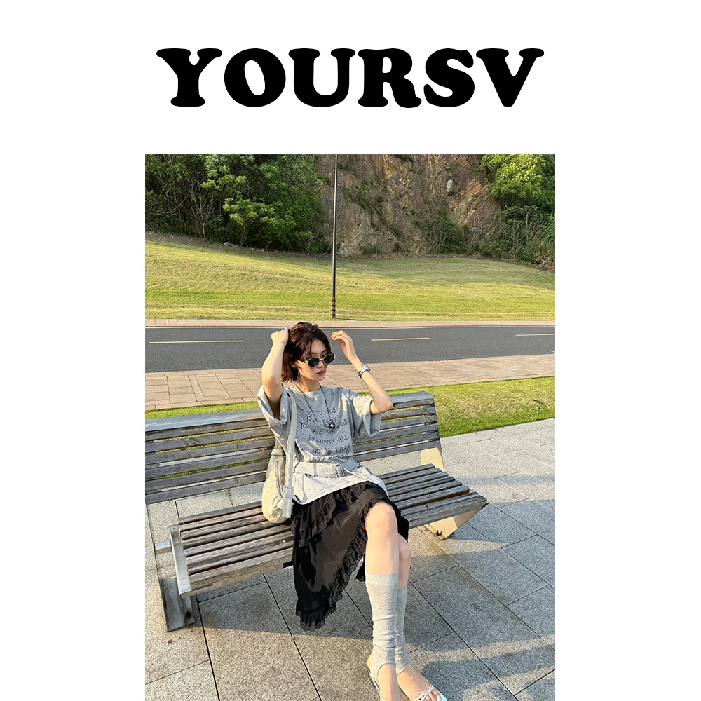 【YOURSV】「月下山茶花」夏款时尚腰带字母短袖T恤女设计师圆领上衣