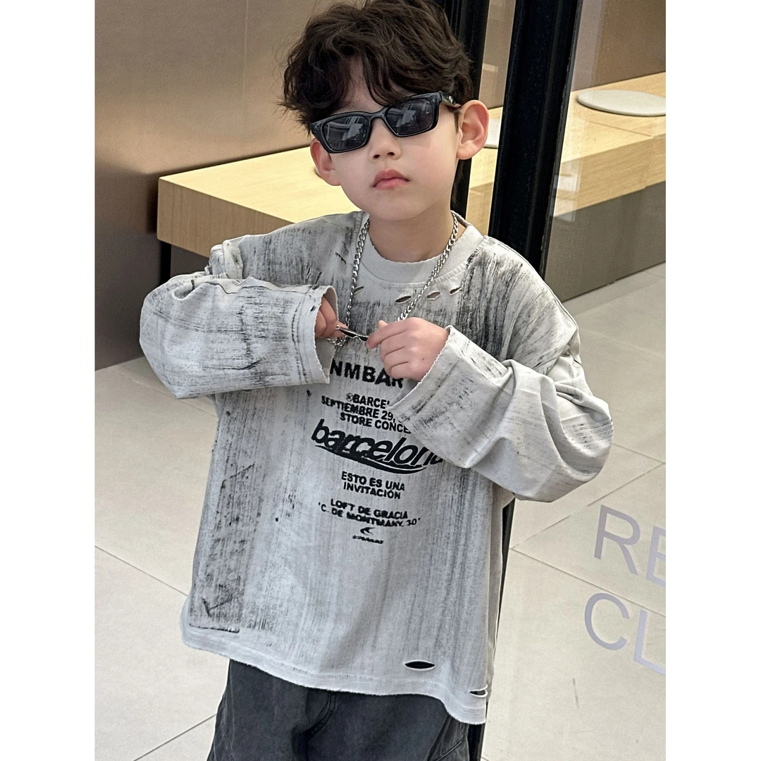 儿童时尚卫衣2025春季新款男童韩版宽松上衣中小童百搭圆领套头衫