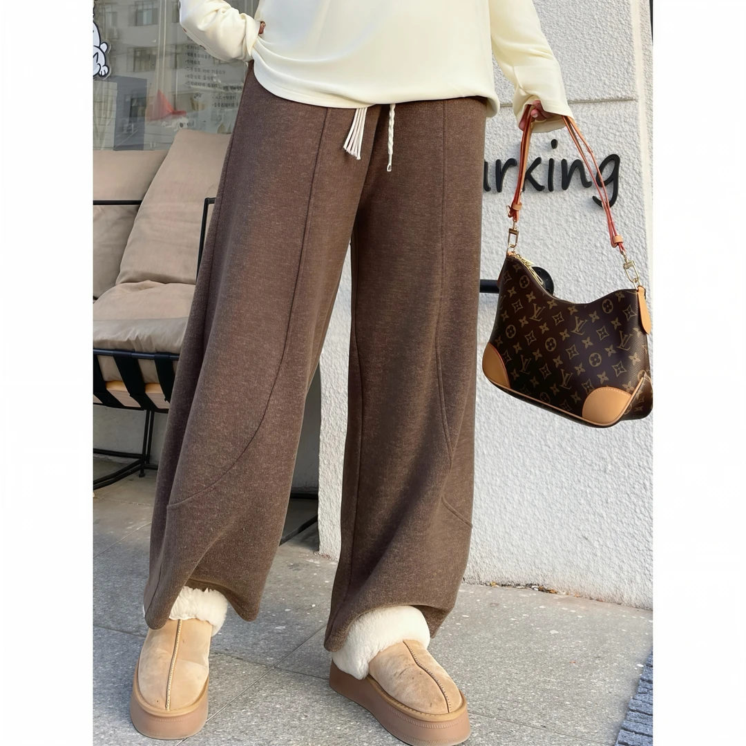 花契“圣托蓝白”大码女装冬季简约200斤胖mm复古加绒休闲裤16469-C