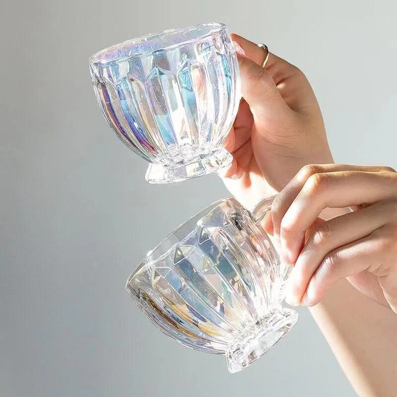 法式炫彩浮雕玻璃杯复古带把ins风水杯咖啡杯奶茶杯饮料杯