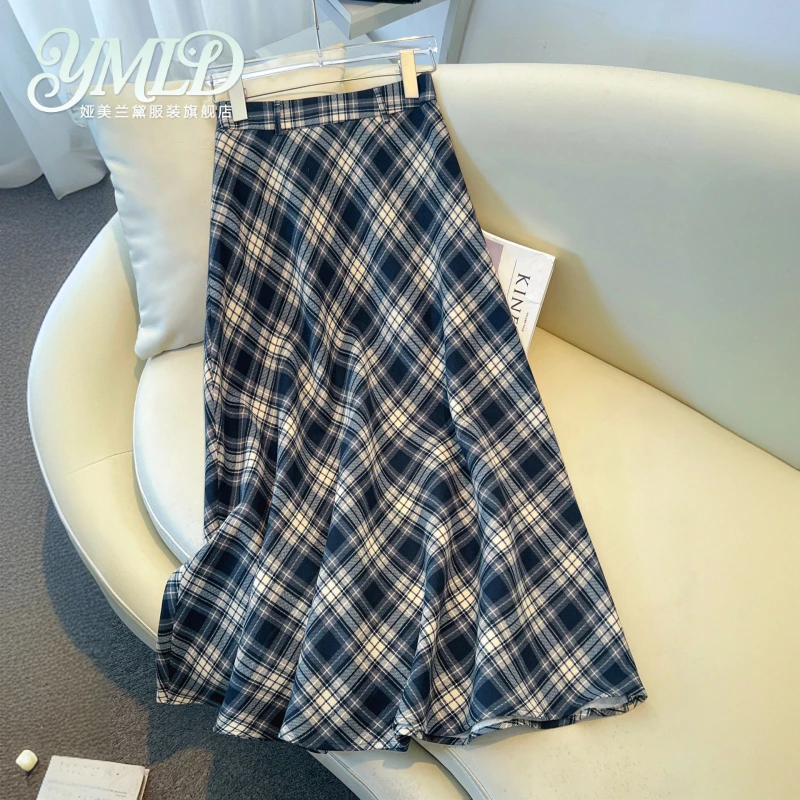 超好看蓝格子伞裙半身裙女秋季2025新款气质复古a字裙中长百褶裙