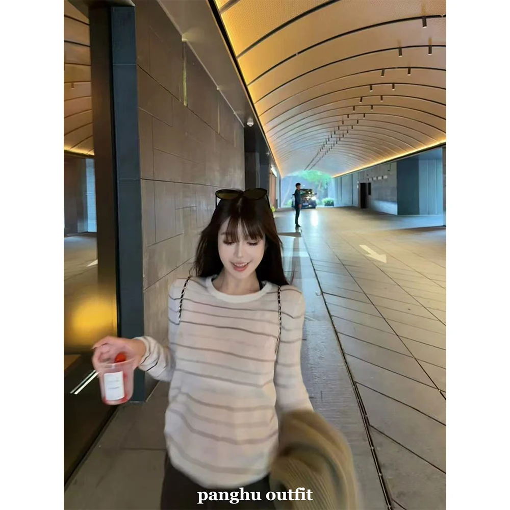 panghu2025FW【线谱】韩系慵懒彩虹条纹长袖软糯针织打底衫上衣