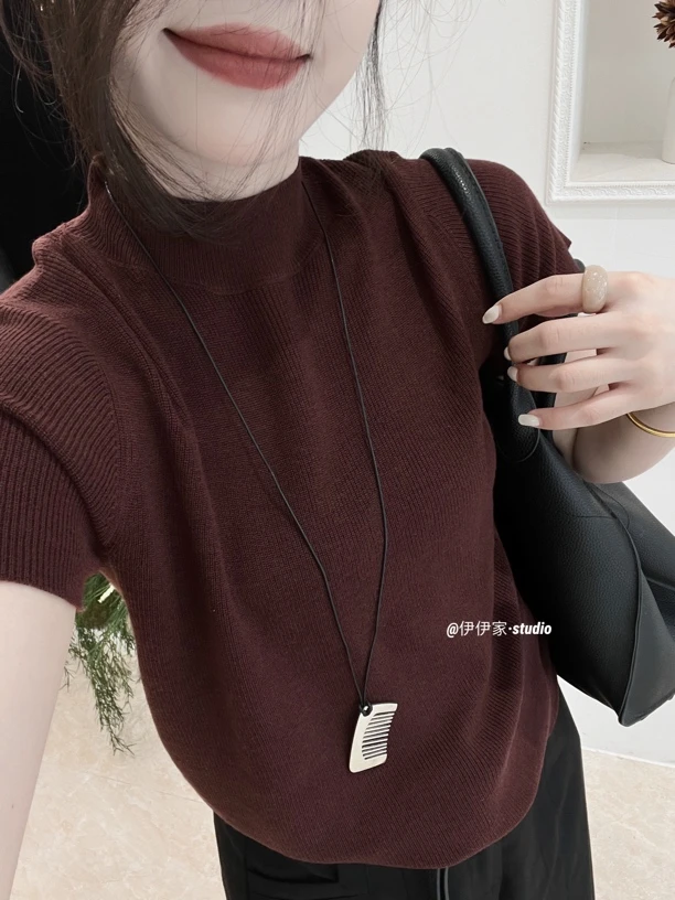 【晚时光】韩系高级感中高龄修身针织短袖上衣（送挂件）