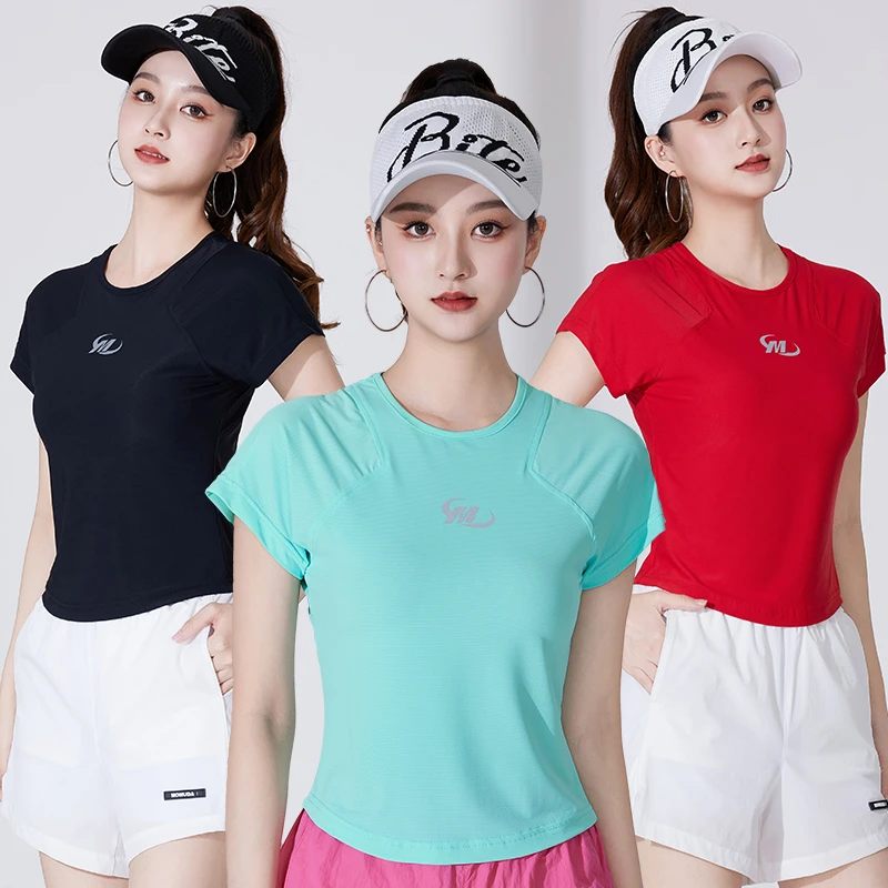 夏季运动速干T恤短袖圆领高弹网眼冰感上衣户外运动跑步跳操瑜伽