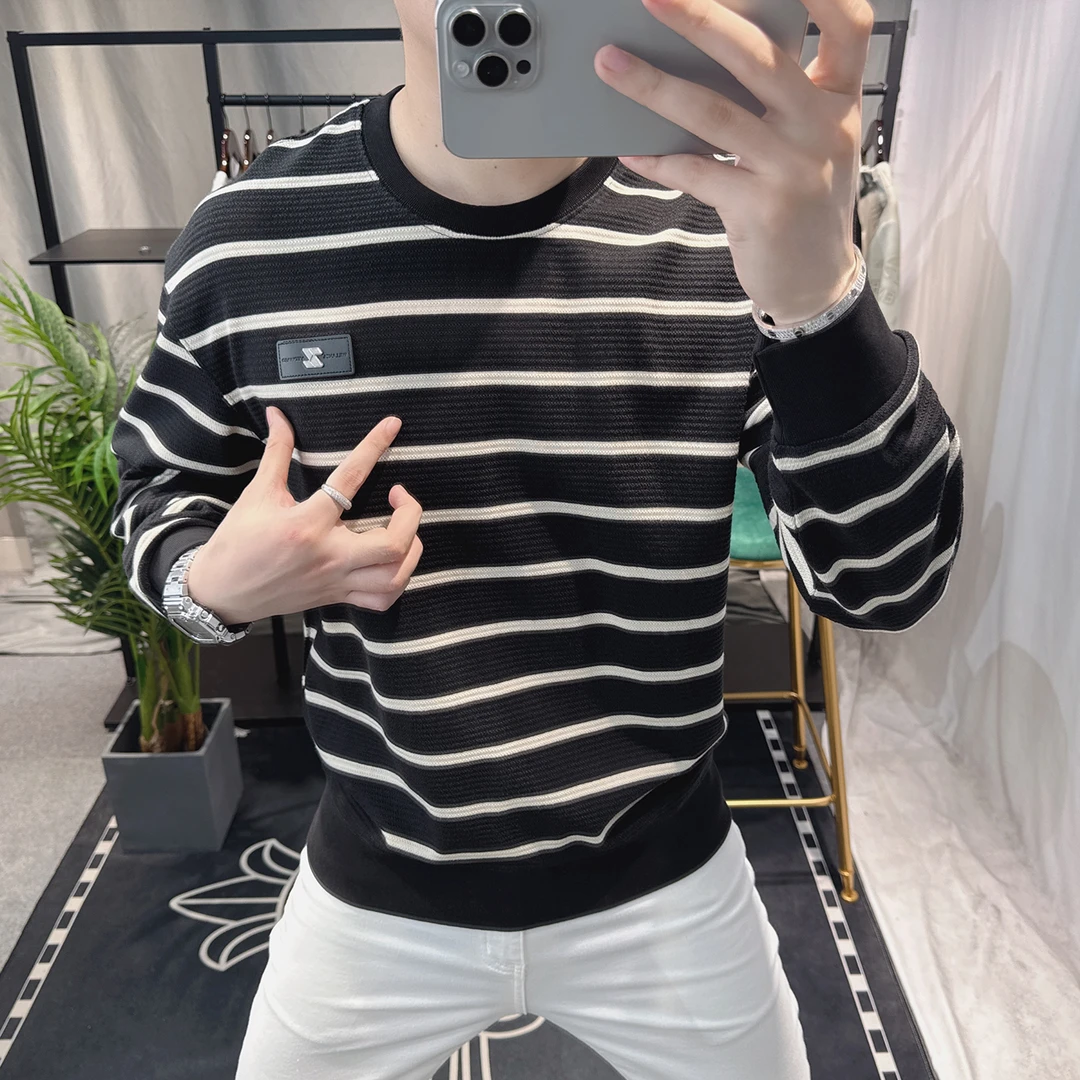 欧洲站2025秋季新款男士卫衣个性条纹潮流圆领宽松上衣男高端帅气
