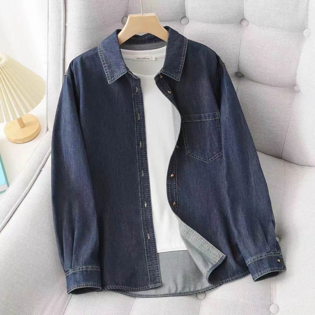 设计感蓝色牛仔衬衫女2024新款早秋高级感宽松内搭长袖上衣111