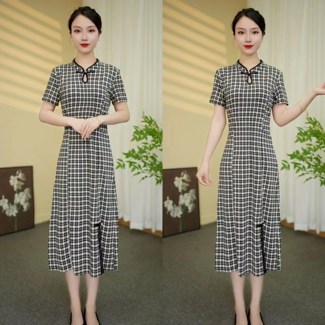 【吉遇优选】1294-170#新款格子冰丝开叉改良旗袍裙