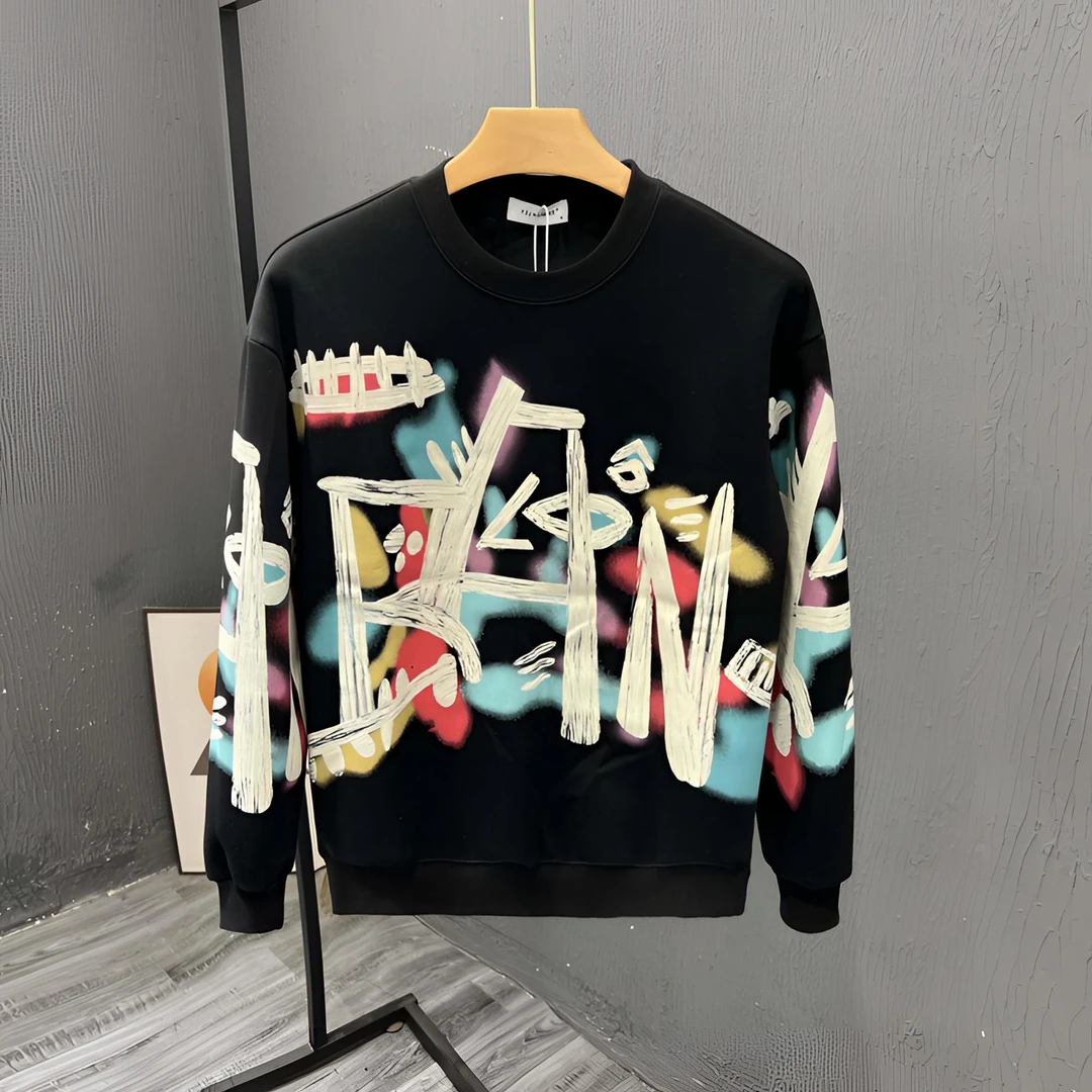 涂鸦印花卫衣男春秋季美式T恤痞帅加绒冬款长袖上衣2025新款外套