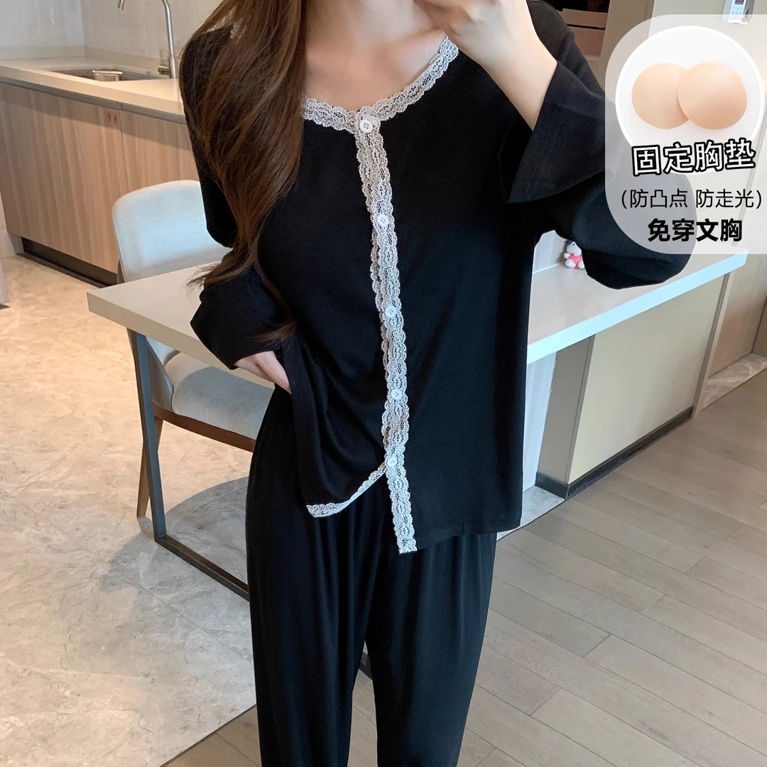 长袖睡衣女款春秋季2025新款带胸垫慵懒风莫代尔可外穿家居服套装