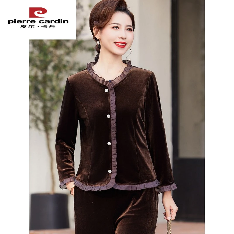 皮尔卡丹妈妈秋装仿金丝绒套装洋气新款新款中老年人女春秋阔太太