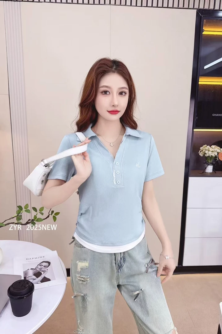 夏季蕾丝元素V领短袖T恤女士时尚百搭休闲显瘦假两件5822