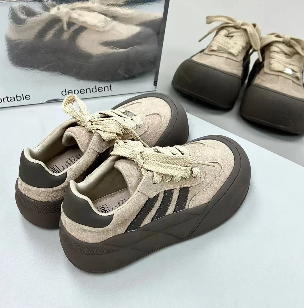 2419磨砂牛皮大头面包鞋女2025秋新款美拉德百搭厚底真皮板鞋