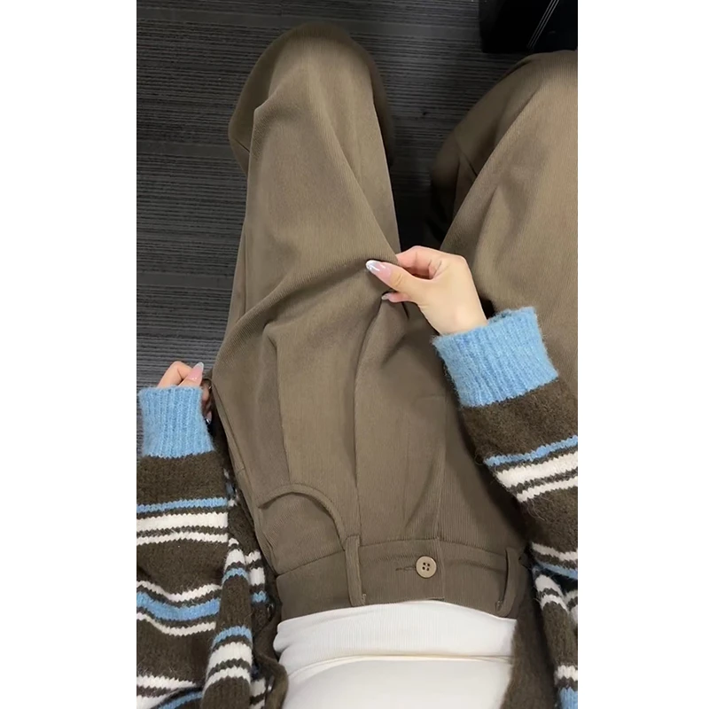 175高个子加长棕色灯芯绒裤子女秋冬高腰显瘦宽松条绒直筒阔腿裤