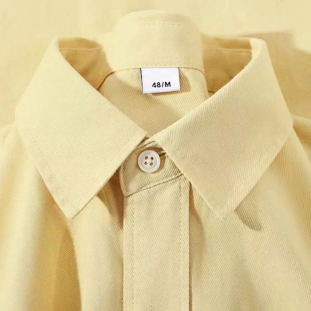 100纯棉复古慵懒chic奶黄色衬衫女秋冬内搭打底衬衣宽松情侣遮肉