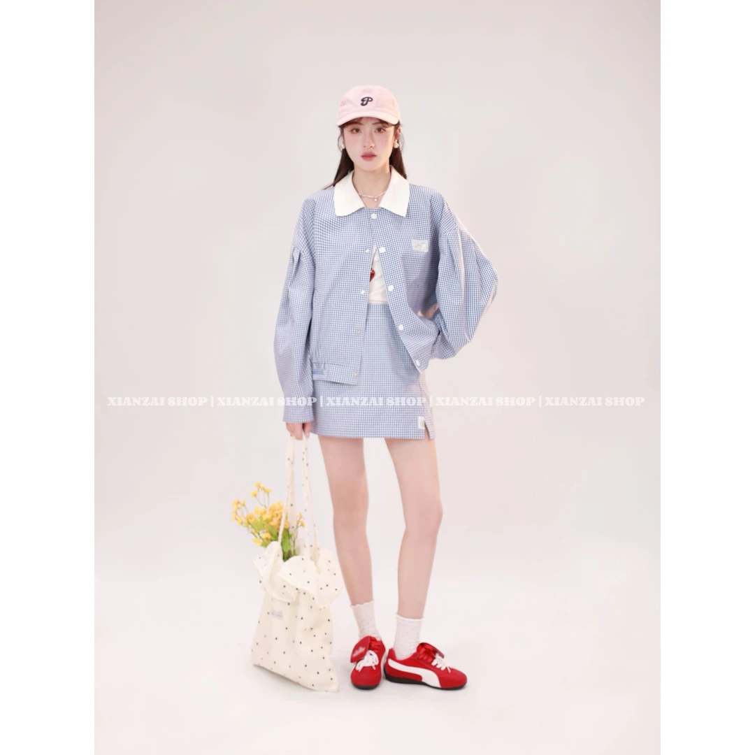 XIANZAI【春日格调】秋冬反季拼接撞色格减龄衬衣外套短裙两件套装