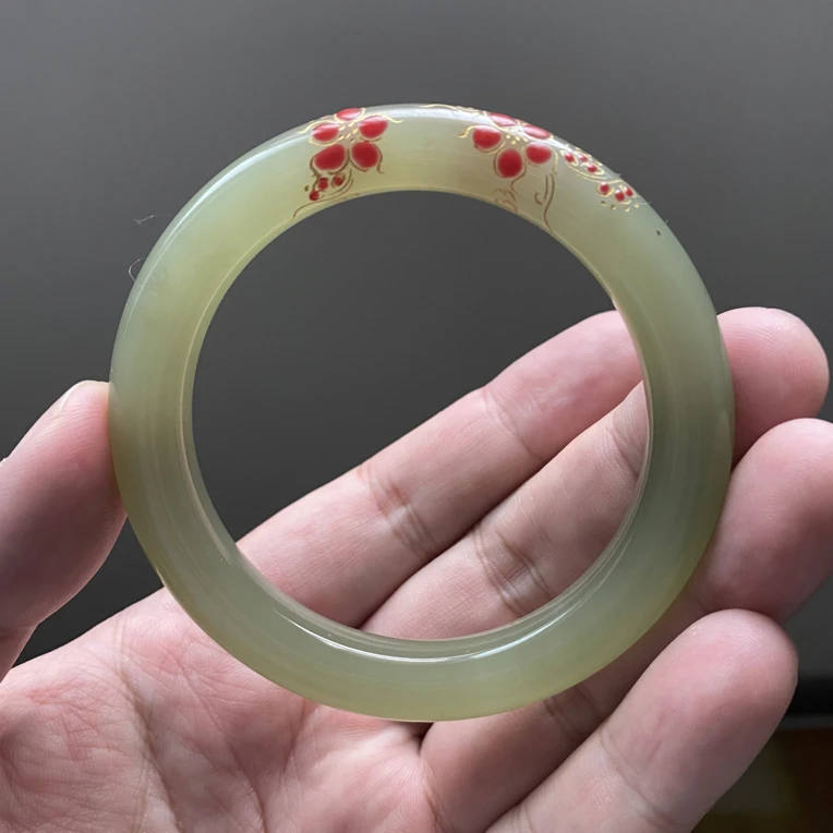 彩绘桃花雕花正品冰透手镯女款