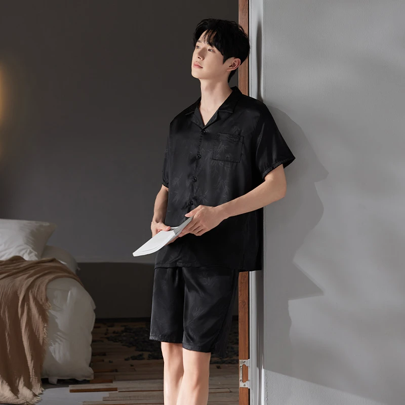 YIHAN-夏季新款睡衣男轻薄丝滑凉感冰雪丝百搭简约男士家居服套装