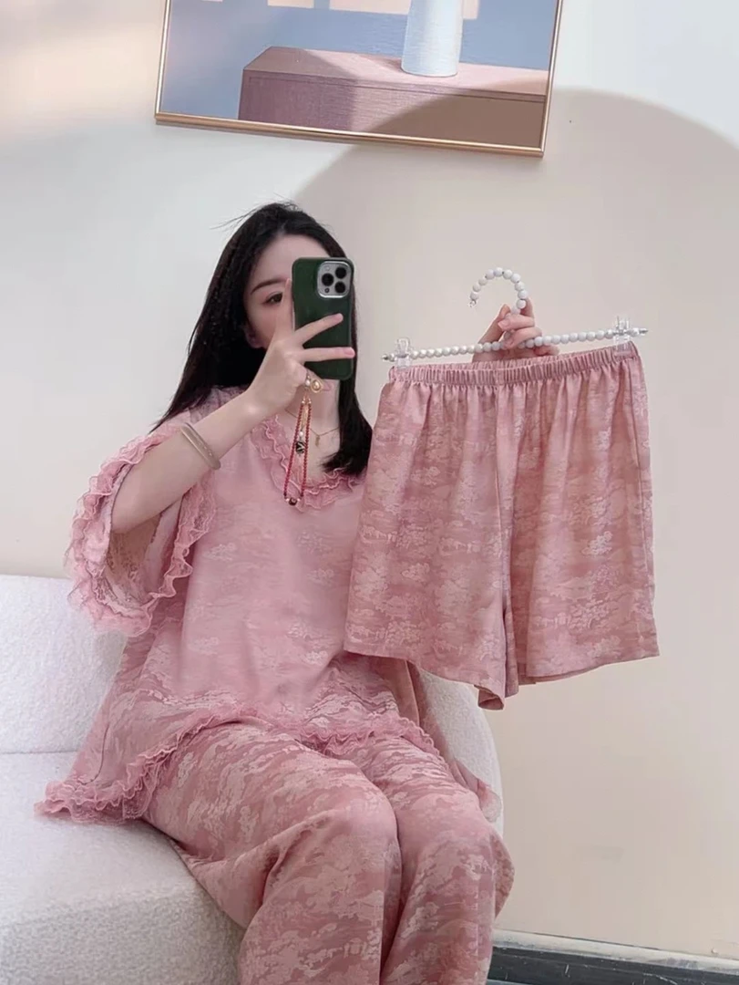 粉色中国风睡衣夏季新款女款亲肤柔软可外穿V领时尚家居服三件套