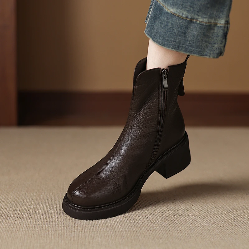 羊皮/跟高6cm/2025新款冬季真皮高跟短靴女厚底单靴皮靴百搭踝靴